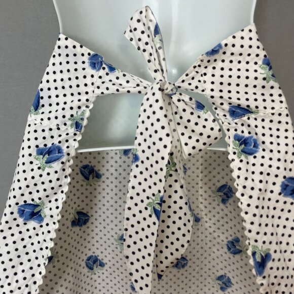 Vintage Half Apron Blue Roses Polka Dot Floral Tie Back Pocket Hostess Retro - Picture 5 of 8